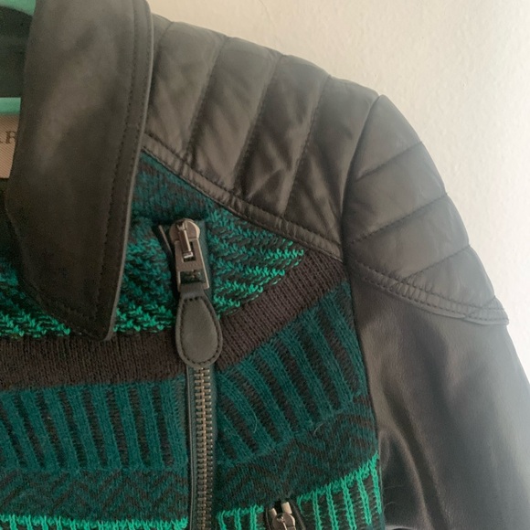 BURBERRY Boho Leather Motorcycle Jacket – Green Tribal Knit, Size XS *SO RARE* - Picture 5 of 11